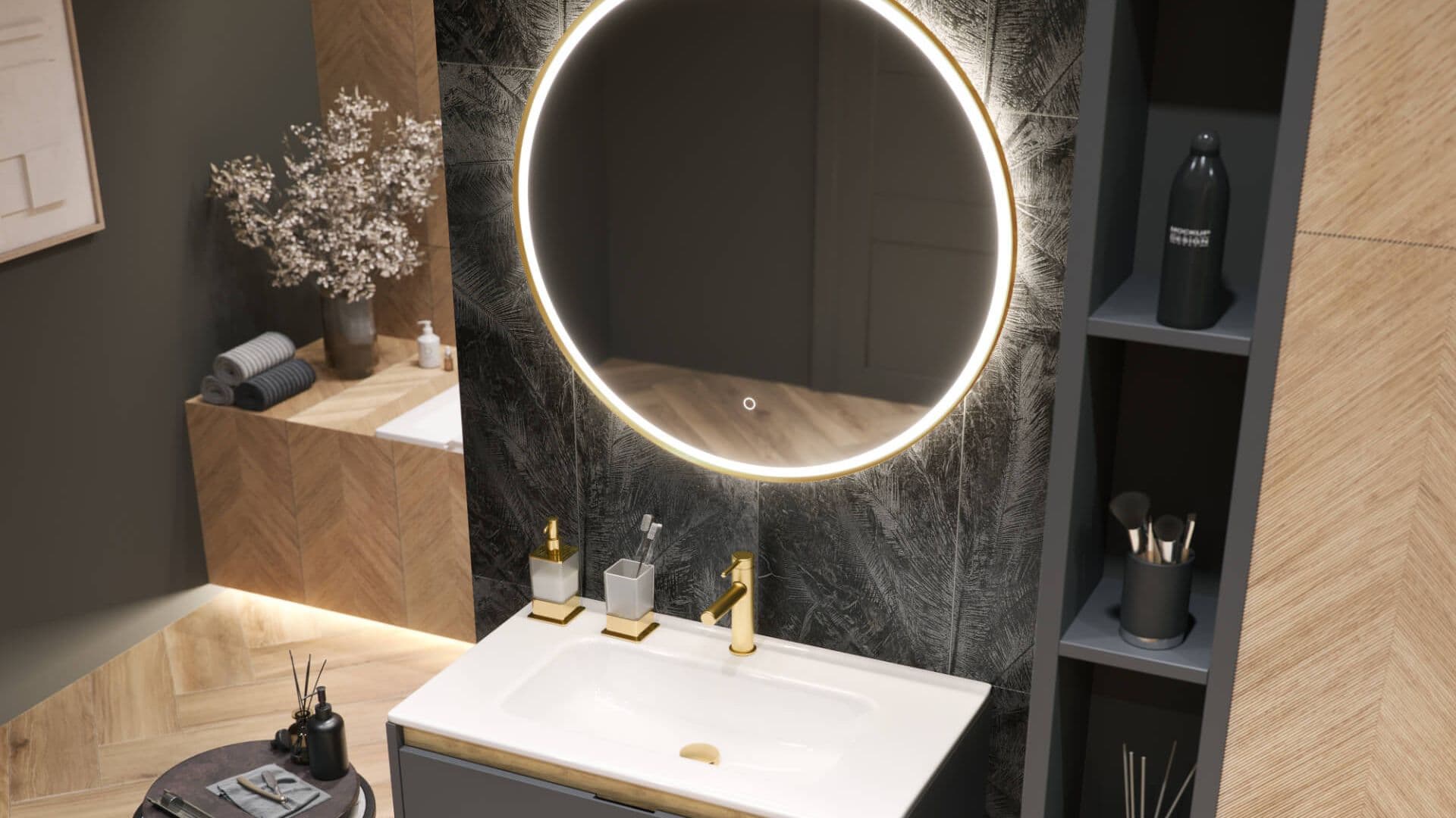 Corido lustro łazienkowe 100 cm okrągłe oświetlenie LED mata grzewcza, miedziany szczotkowany